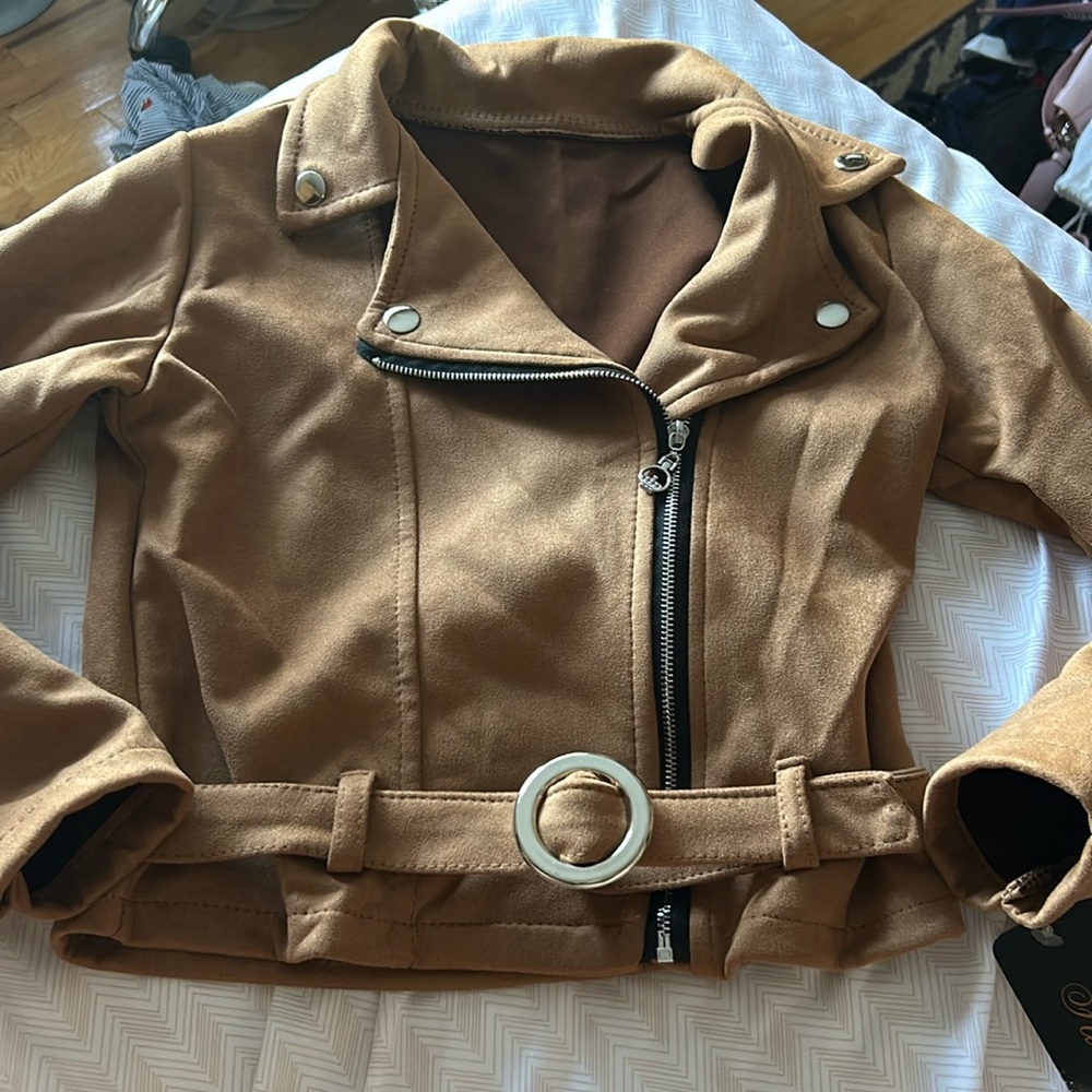 Girls Tan Fabric Fashion Moto Jacket - 10 NWT